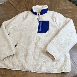 Old Navy Cream Sherpa Jacket with Blue Chest Pocket and Collar Trim